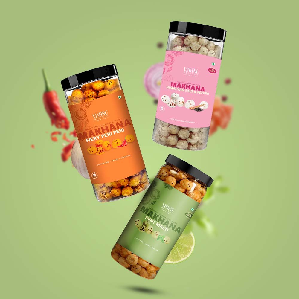 Best Combo Pack of Flavoured Makhana – Peri Peri, Mint Masti, Himalayan Salt Pepper – Vishnu Delight