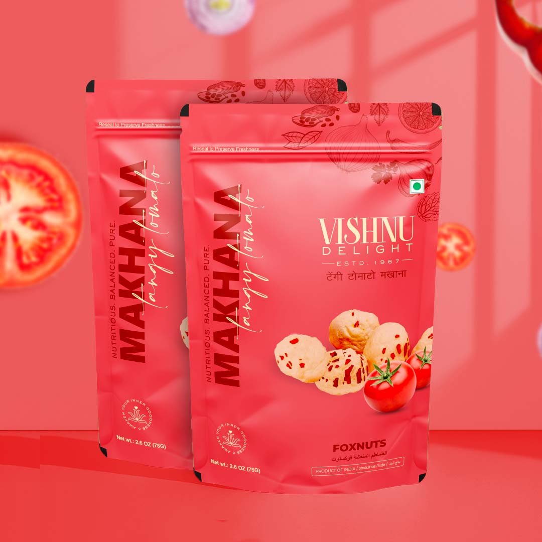 Organic roasted makhana with tomato treat tangy flavor by Vishnu Delight