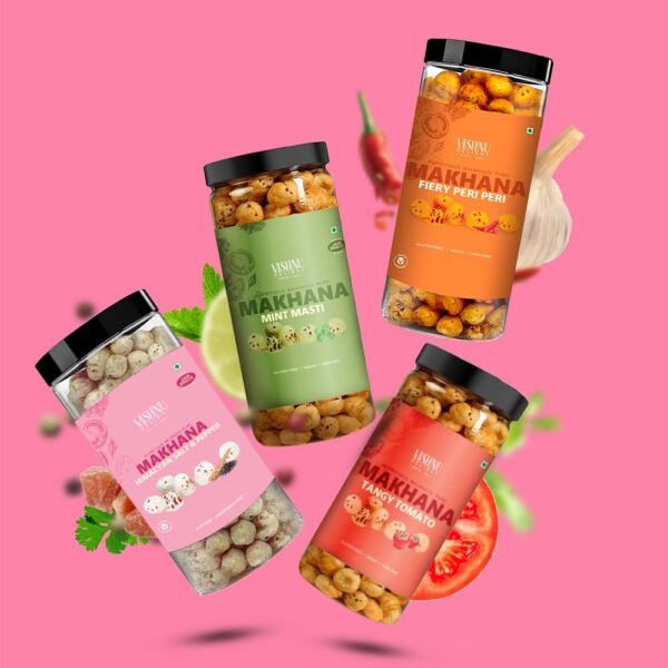 Vishnu Delight Makhana Combo – Mint Masti, Fiery Peri Peri, Tangy Tomato, Himalayan Salt Pepper