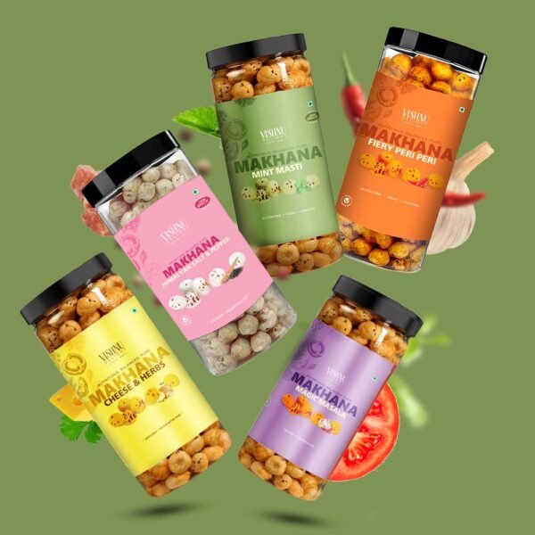Vishnu Delight 5-flavor organic makhana combo pack – Peri Peri, Mint, Himalayan Salt, Magic Masala, Cheese N Herbs